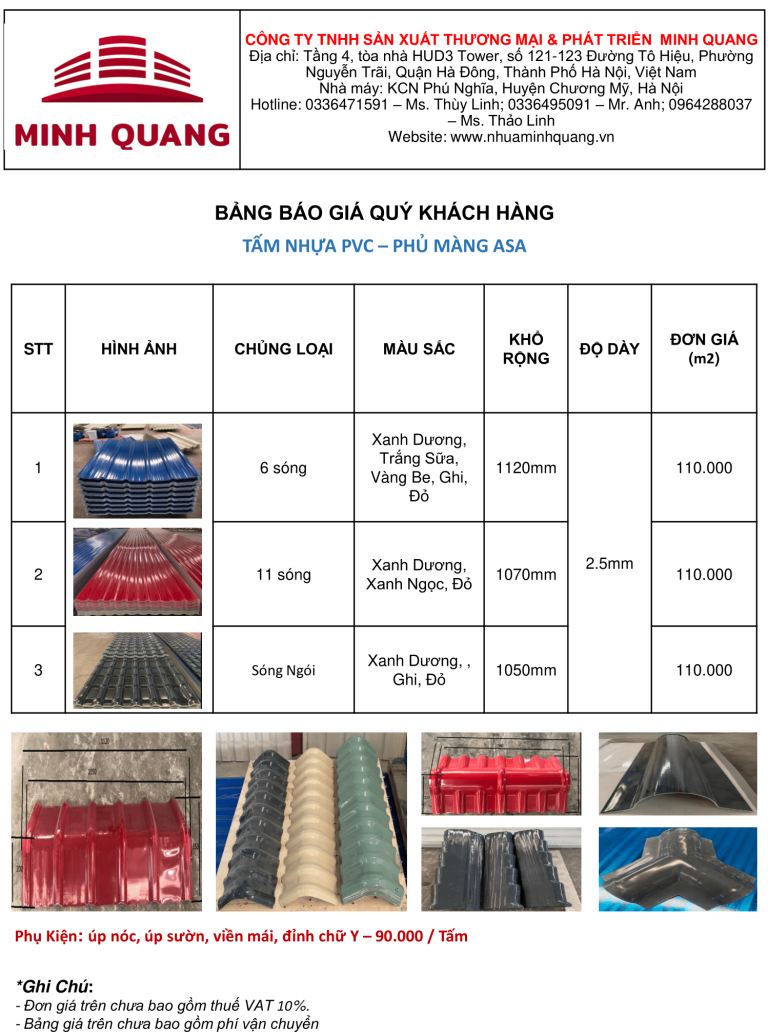 Pvc 1035 Bảng giá tôn nhựa PVC phủ ASA